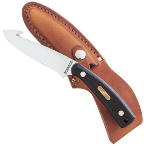 158OTCP Schrade Gut Hook Skinner With Leather Sheath Clam Pack 7 1/4 Inch